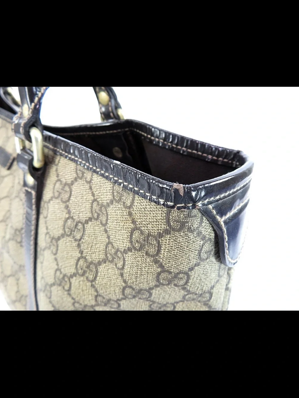 Gucci Beige GG Canvas Tote with Brown Leather Trim